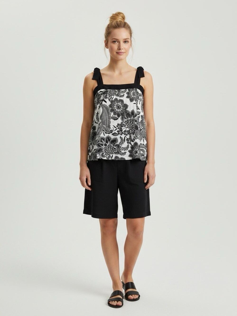 New Rachel Zoe Tie Strap Linen Blend Tank Top Navy White Floral Medium